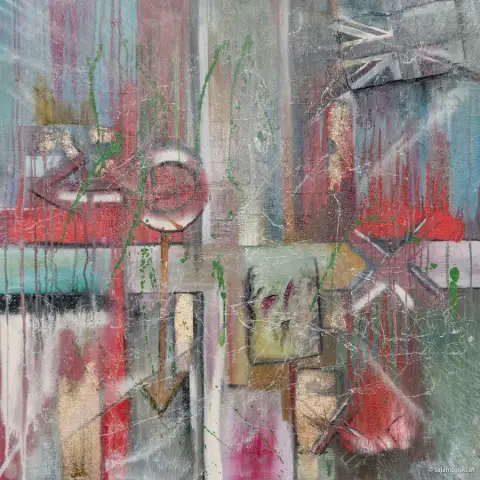 BREXIT · EXIT, Oil, mixed media & leaf gold on canvas, 80 x 80 cm · Gemälde von Thomas Salamonski