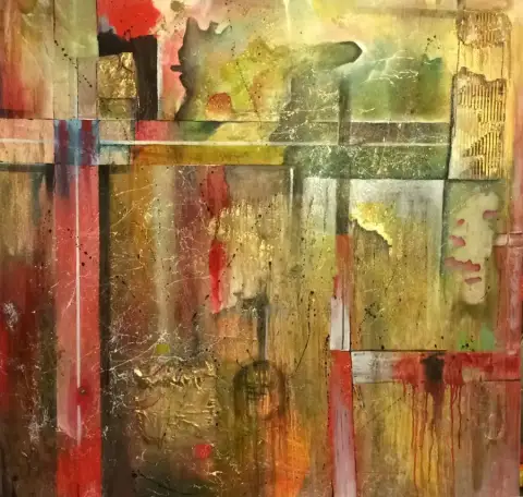 CROSSING · EXIT, Oil, mixed media & leaf gold on canvas, 120 x 120 cm · Gemälde von Thomas Salamonski