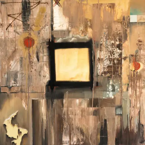 GOLDEN WINDOW · EXIT, Oil, mixed media & leaf gold on canvas, 80 x 80 cm · Gemälde von Thomas Salamonski