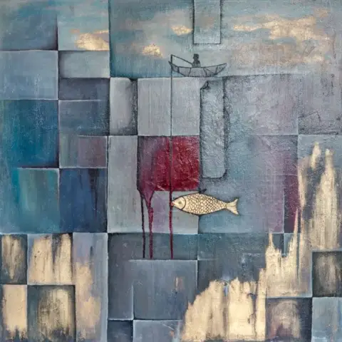 GOLD FISH · EXIT, Oil, mixed media & leaf gold on canvas, 80 x 80 cm · Gemälde von Thomas Salamonski